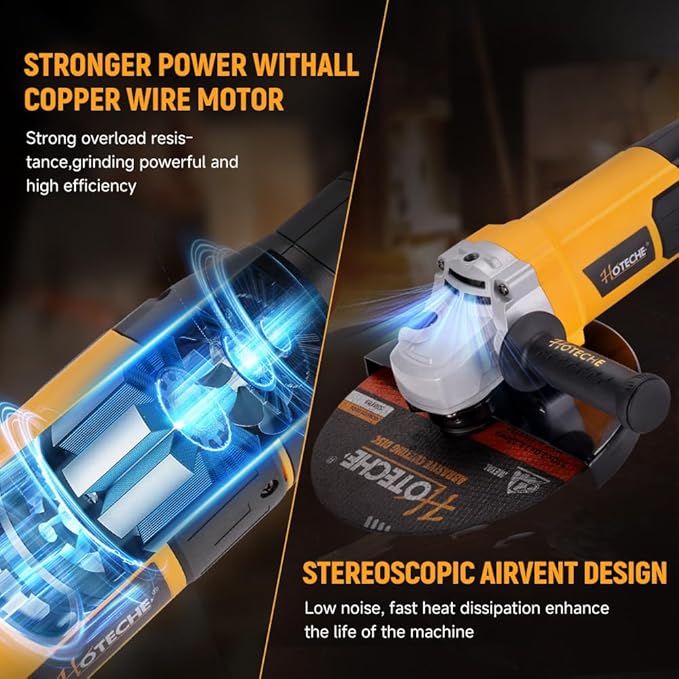 Hoteche 9-Inch Angle Grinder 3-HP Grinding and Cutting Tool Fits 7/8" Hole Size Wheels with Rotatable Handle and Lock-On Switch