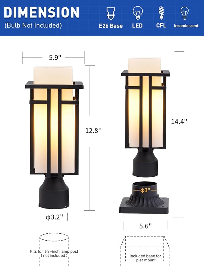 Outdoor Post Lights Waterproof Metal Frame with Milk White Frosted Glass Pier Mount Outdoor Lighting Fixtures(with 3-Inch Pier Mount Base) Pillar Light Post Lantern for Garden Backyard and Porch