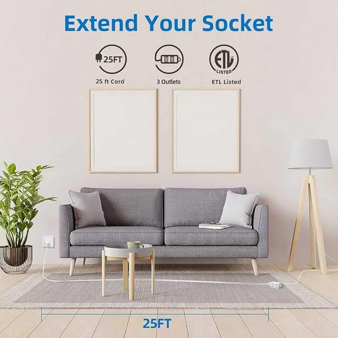 TiFFCOFiO Indoor Extension Cord, 2 Prong 25 Feet Extension Cord, 3 Polarized Outlets with Safety Slide Windows,13A/1625W, 16 AWG, 1 Pack (25FT 1 Pack)