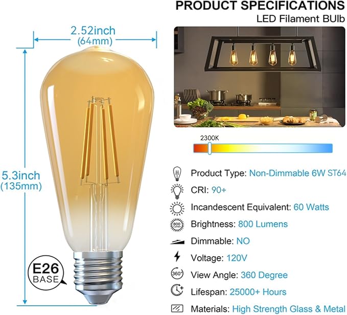 Jensense Edison LED Light Bulbs E26 Bulb 60 watt Equivalent Dimmable Light Bulbs 2300K Warm White (Amber Glass) Vintage 7W Edison Bulbs 110V 120V 800 Lumen CRI90, 4 Pack