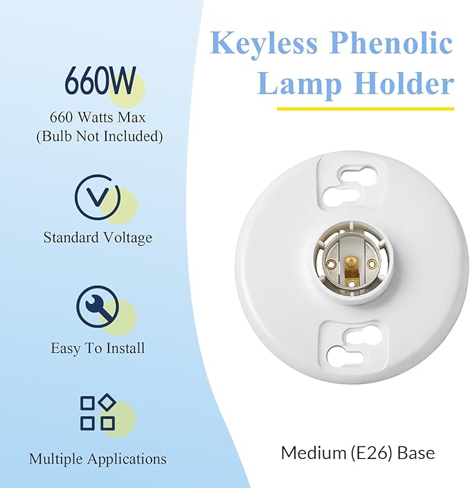 4 Pcs Medium Base E26 Lamp Holder Ceiling Light Sockets White Bulb Socket Incandescent Fluorescent CFL Lamp Holder 660w 250v (Phenolic Resin)