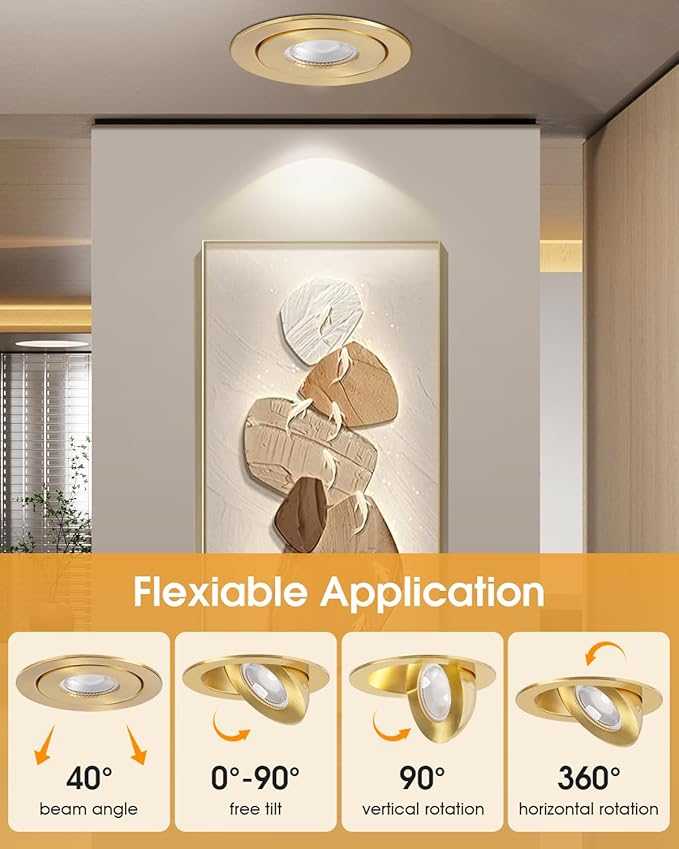4 inch LED Recessed Light - 9W Gold Gimbal Recessed Lighting Canless Soffit Swivel Eyeball 90° Tilt Wafer Slope Ceiling Adjustable Spotlight Dimmable for Accent Lighting Gold 6 Pack