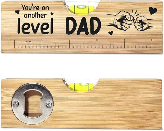 Christmas Gifts for Dad from Daughter Son, Best Stepped Up Dad Gifts for Father, Funny Birthday Fathers Day Valentines Gift for Stepdad Wooden Spirit Level A4