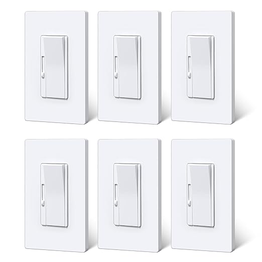 BESTTEN Super Slim Dimmer Light Switch, Quiet Rocker, Single Pole or 3 Way Dimmable Switch, Max 300W LED, CFL, 600W Incandescent, Screwless Wall Plate Included, ETL Listed, 6 Pack, White