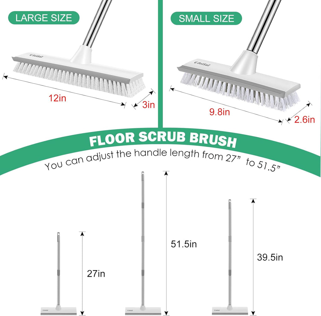 SetSail Upgraded Large 12 in Wide Floor Scrub Brush with 51-Inch Long Adjustable Handle 2 in 1 Scrape Brush Stiff Bristle Floor Scrubber for Cleaning Shower Bathroom Garage Kitchen Wall Deck Tub Tile