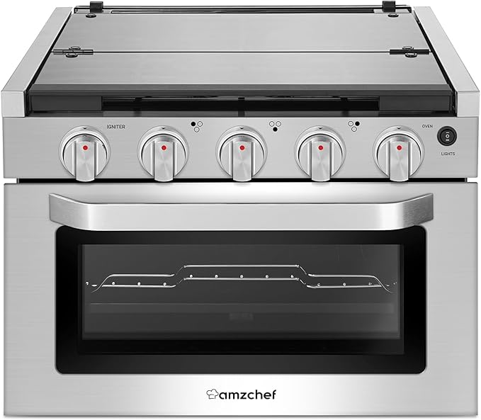 AMZCHEF RV Gas Range 17 Inches Tall, 1.24 Cu.Ft Propane Range Oven with 3 Burners Stove for RV, Apartment, Mobile Home, Stainless Steel.