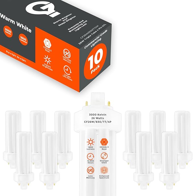GoodBulb 26 Watt CFL Light Bulbs 4 Pin GX24Q-3 Base 3000K Warm White 26W High Output 1800 Lumens Triple Tube Compact Fluorescent Light Bulbs Plug-in 10 Pack