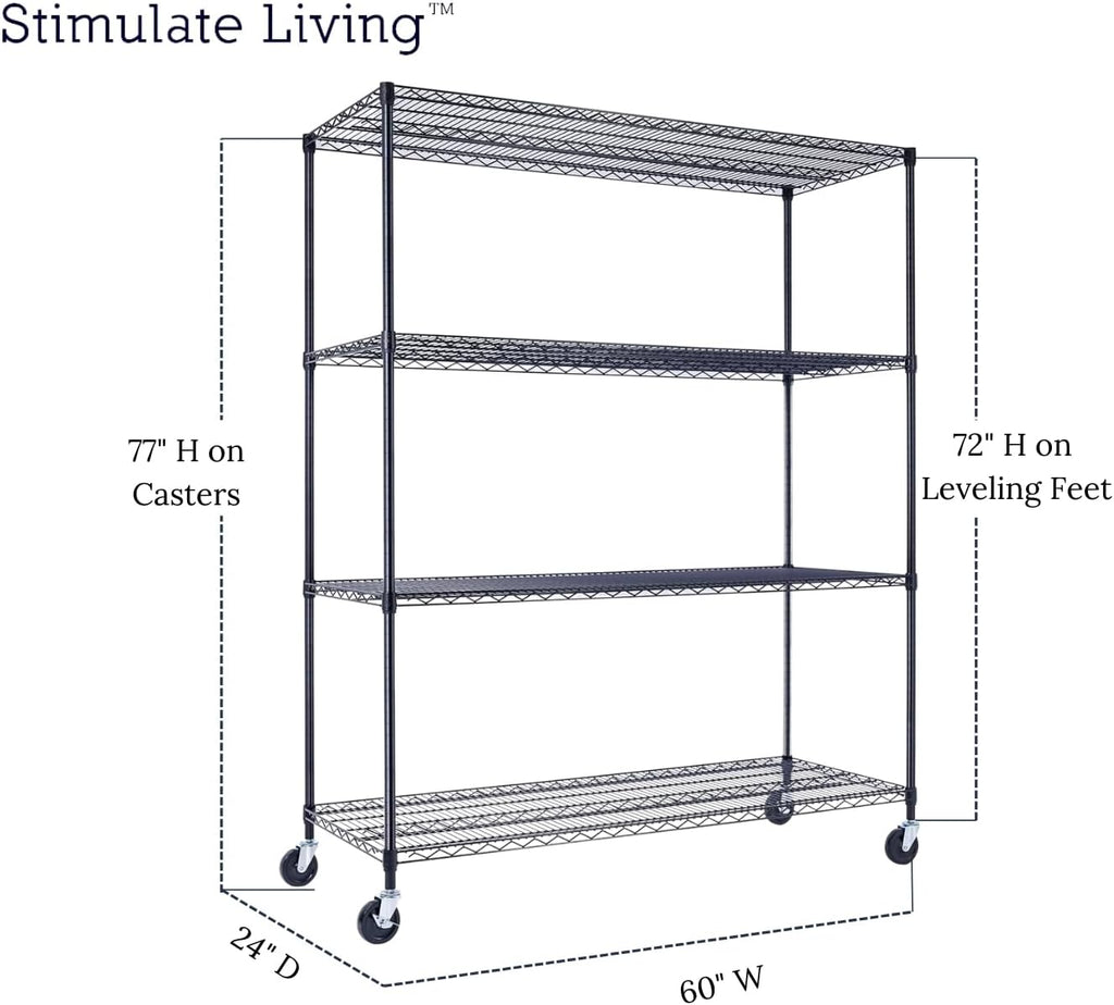 60"x24"x72" PRIME HEAVY DUTY Black 4-Tier Wire Shelving NSF 2400 LBS MAX Capacity Storage Rack for Commercial, School, Home, Garage, Warehouse, Industrial, and Hospital Uses (with Wheels)