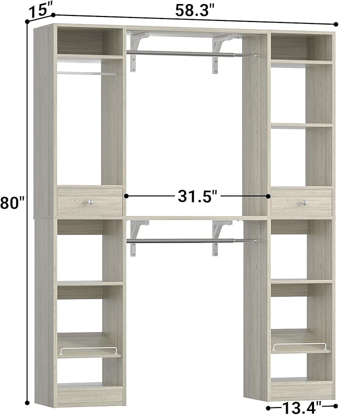 Unikito 58" W - 90" W Closet Systems, Large Walk in Closet Organizer with 3 Hanging Rods and Shelves, Heavy Duty Wood Closet Wardrobe with 2 Drawers and Shoe Rack, Reversible Clothing Rack, White Oak