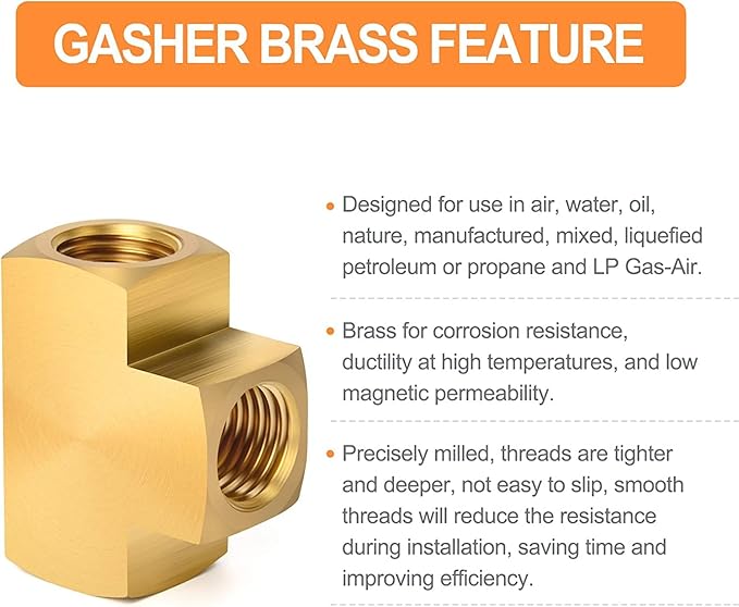 GASHER 3 Pcs Brass Barstock Tee, 3/8" x 3/8" x 3/8" NPT Female Pipe Fittings