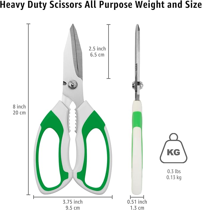 8-Inch Heavy Duty Utility Scissors All Purpose, Serrated Blade, Green Comfort Grip for Cutting Carpet, Cardboard, Leather, Fabric, Multipurpose Sharp Shears for Kitchen, Garden, Office, Carft