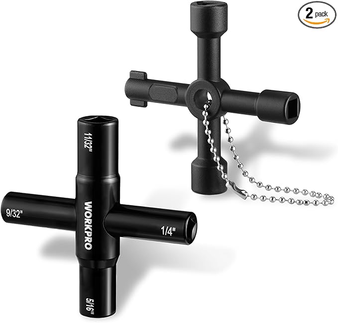 WORKPRO 2PC 4 Way Water Key Wrench, 40Cr Universal Utility Sillcock Key and Multifunctional Heavy-Duty Water Valve Key Tool for Faucet, Spigot, Electric Meter & Cabinet, 1/4", 9/32", 5/16", 11/32"