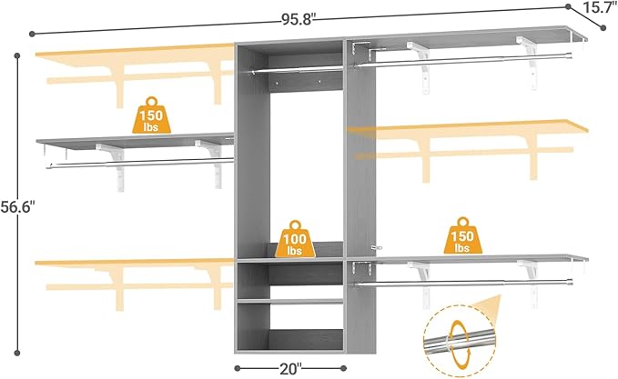 Cyclysio 96 Inch Closet Organizers and Storage, 8 FT Hanging Closet Organizer with 4 Adjustable Rods, Wardrobe Organizers with 3 Shelving Towers for 4-8FT Spaces(Cut-to-Fit), Gray