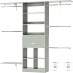 Small Closet System - 5FT Closet Organizer System with Wooden Drawers, 60 Inches Walk In Closet System With 5 Hanging Rods, Can Fit 1.58 to 6.8 FT with Reversible Hanging Shelving, Crab Green