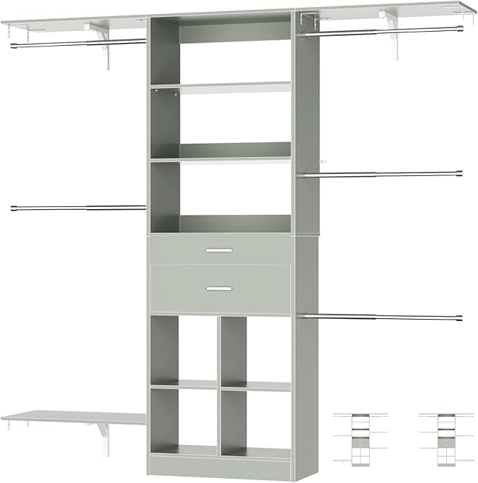 Small Closet System - 5FT Closet Organizer System with Wooden Drawers, 60 Inches Walk In Closet System With 5 Hanging Rods, Can Fit 1.58 to 6.8 FT with Reversible Hanging Shelving, Crab Green