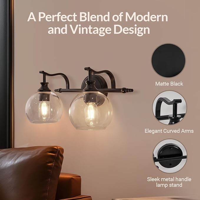 ANDY STAR 2 Light Bathroom Vanity Light, Matte Black Bathroom Light Fixtures, Modern Wall Sconce with Clear Globe Glass Shade, Farmhouse Wall Lamp for Bathroom, Living Room, Hallway, Cabinet, Porch