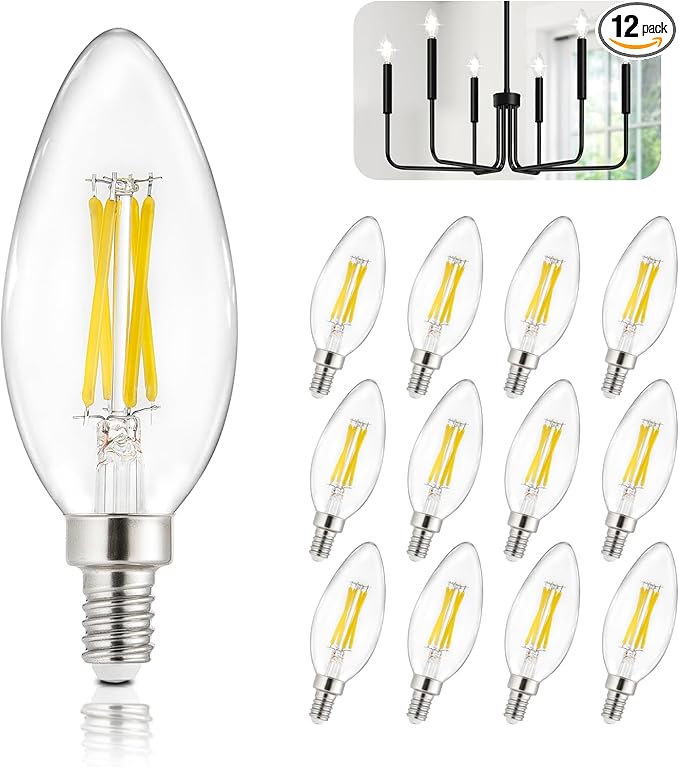 Depuley LED Light Bulbs E12: 12-Pack Candelabra Light Bulb 4W Candle Bulb Equivalent 40W - Edison Vintage Bulbs Daylight 5000K C35 Clear Bulb 500 LM 80+CRI Non-Dimmable
