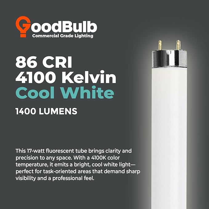 GoodBulb 17-Watt 24 Inch T8 Fluorescent Light Bulb 4100K Cool White Light Color Medium Bi-Pin Base 1400 Lumens 86 CRI 36000 Life Hours Instant/Programmed Start Pack of 25 Bulbs