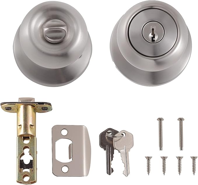 Amazon Basics Exterior Door Knob With Lock, Coastal, Satin Nickel