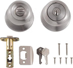 Amazon Basics Exterior Door Knob With Lock, Coastal, Satin Nickel