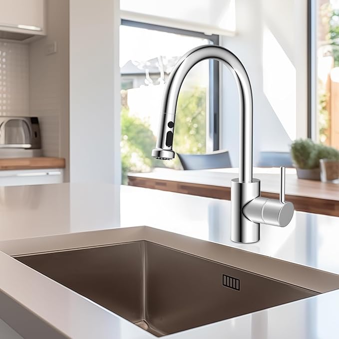 Hibbent Stainless Steels Pull Down Kitchen Faucet Head Replacement, 3 Function Sink Faucet Sprayer Head with 15 Adapters, Compatible with Moen, American Standard, Delta, Kohler Faucets, Chrome