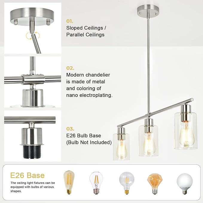 3-Light Pendant Lighting Clear Glass Pendant Lighting for Kitchen Island Brushed Nickel Hanging Light Fixture Pendant Light Dining Room Chandelier Farmhouse