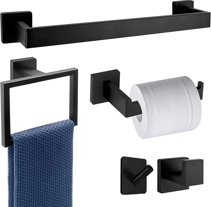 5-PCS 23.6inch Bathroom Hardware Set,Include 23.6" Towel Holder, Hand Towel Ring,Toilet Paper Holder,2pcs Robe Hook-Matte Black