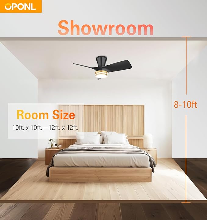 30" Black low profile Ceiling Fan with Light, with Gold Trim Ring, Large Air Volume, flush mount ceiling fan for Bedroom Kitchen Dining room Patio