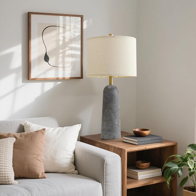 BOBOMOMO 27.25" Travertine Lamp Set of 2, Modern Lamps for Living Room with Linen Shades, Gray Resin Table Lamp with Natural Stone Look, Nightstand Lamp for Bedroom, Living Room, Entryway