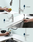 DAYONE Vintage Kitchen Faucet with Soap Dispenser, Single Handle High Arc Antique Pull Out Kitchen Sink Faucets with 3-Mode Pull Down Sprayer, APS136 (Standard, Brushed Nickel)