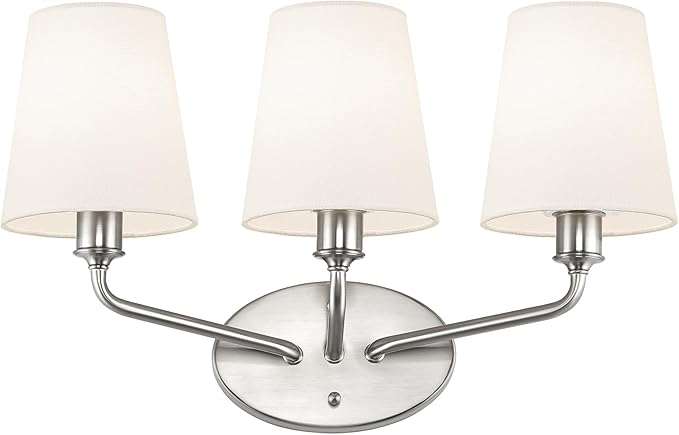 Emak 3-Light Vanity Lights for Bathroom, Brushed Nickel Bathroom Light Fixtures Over Mirror Modern Wall Sconce with Flared White Fabric Shade, VL132-BN-WF-3