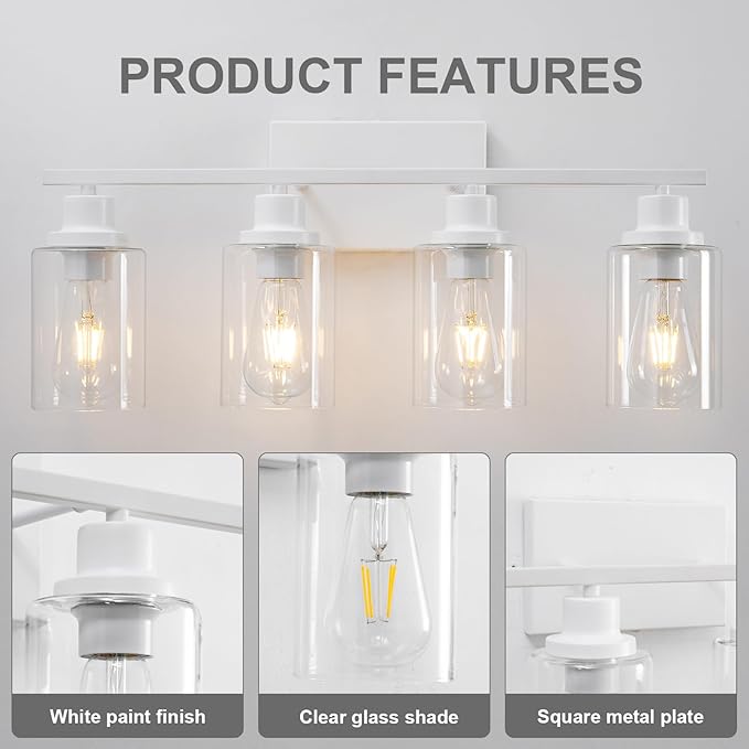 4 Light White Bathroom Light Fixtures Vanity Light Over Mirror Modern Wall Lighting Sconces Rustic Industrial Wall Lamp for Bathroom, Bedroom, Living Room E26 Socket with Glass Shade