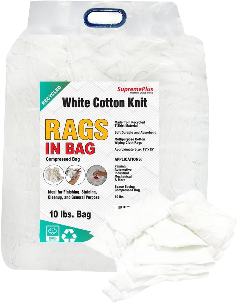 Recycled White T-Shirt Cleaning Cloths (10 lbs. Bag - Pack of 4) – Shop Rags Bulk for Oil, Stain, Grease, Paint, and Auto Cleaning, Multipurpose White Cotton Rags