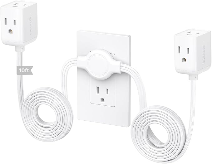 TROND Split Extension Cord Power Strip, Twin 10ft on Each Side, Low-Profile Flat Plug, Dual 3 Outlet Extender Cubes, 3 Prong Ground, 16 Gauge, Ideal for Behind TV Stand Sofa Headboard, Indoor, White