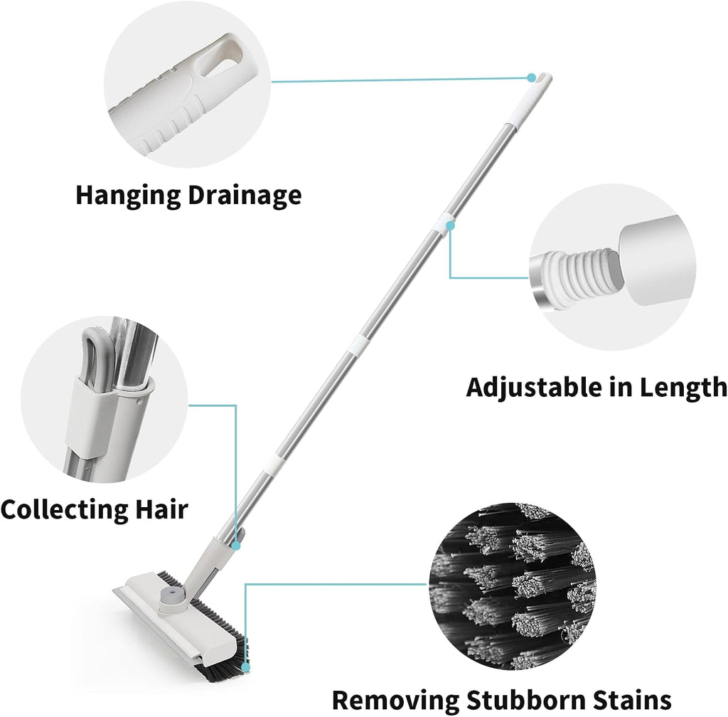 Floor Scrub Brush with Long Handle, 3 in 1 Scrape and Heavy-Duty Stiff Bristle Scrubber Brush for Cleaning Shower Bathroom, Patio, Garage, Kitchen, Wall and Deck (White, 1 Pack)