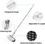 Floor Scrub Brush with Long Handle, 3 in 1 Scrape and Heavy-Duty Stiff Bristle Scrubber Brush for Cleaning Shower Bathroom, Patio, Garage, Kitchen, Wall and Deck (White, 1 Pack)