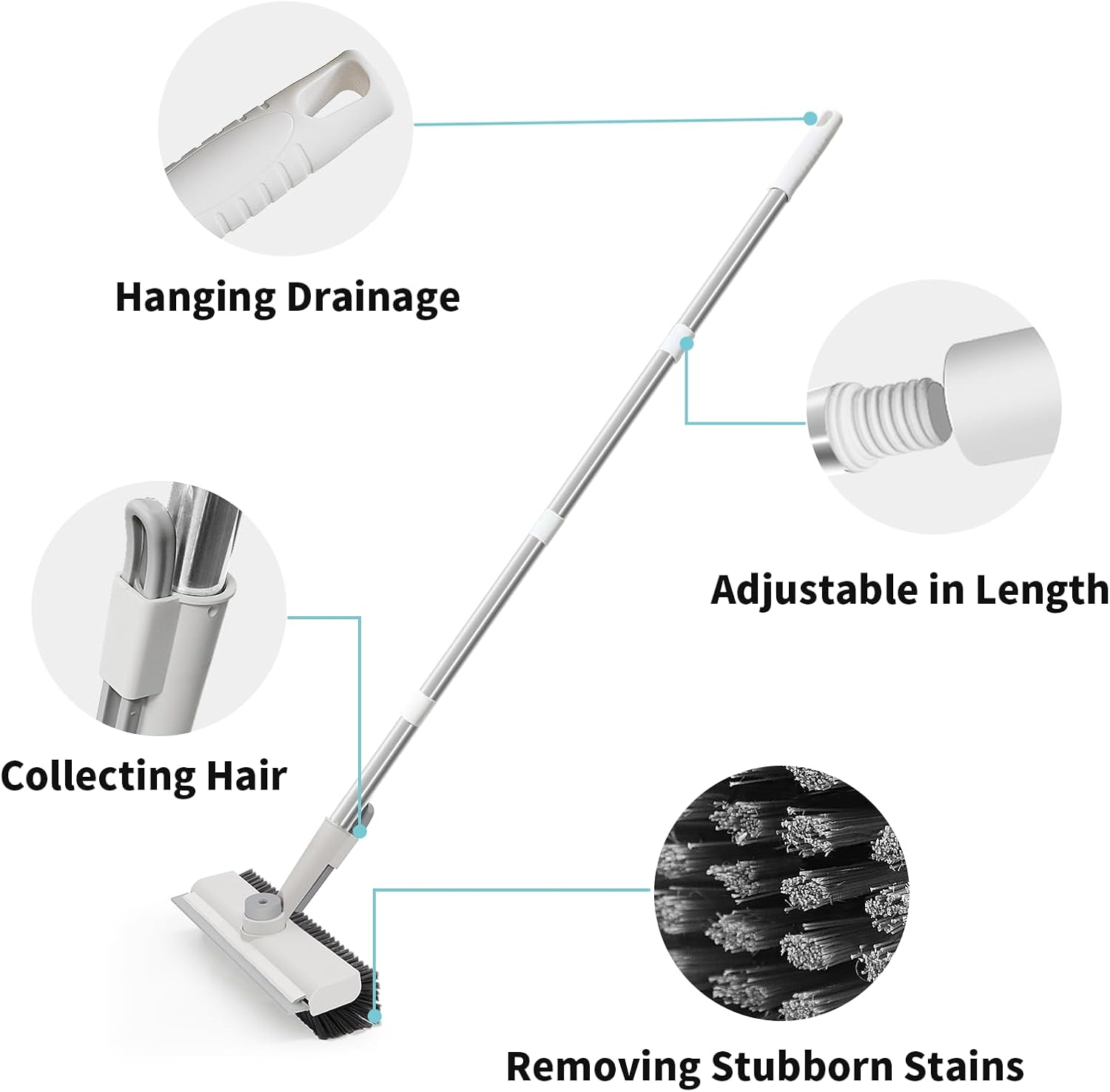 Floor Scrub Brush with Long Handle, 3 in 1 Scrape and Heavy-Duty Stiff Bristle Scrubber Brush for Cleaning Shower Bathroom, Patio, Garage, Kitchen, Wall and Deck (White, 2 Pack)