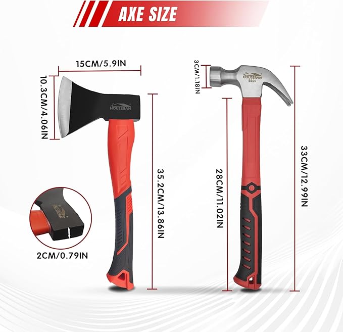 Wood Axe & 24 oz Claw Hammer Set, 2-Piece Heavy Duty Tools Kit for Camping, Wood Splitting, Demolition & DIY, Forged Steel Construction with Shock-Absorbing Handles