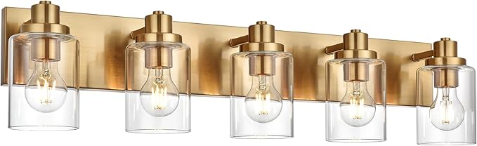 5 Light Bathroom Vanity Lights Brushed Nickel Bathroom Lighting Fixtures Over Mirror with Clear Glass Shades, Modern Industrial Wall Sconces Vanity Lighting Fixture for Bedroom Living Room