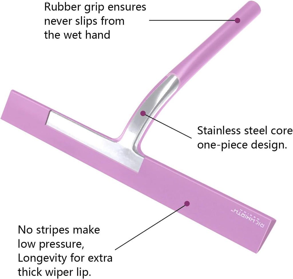 Shower Squeegee with Silicone Hook, 11" Inch Width All Purpose Squeegee Wiper for Shower Glass Doors Bathroom Mirror Tiles Car Window Cleaner Tool - Pink