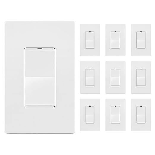 LIDER Minimalist Design Matte Finish Lighted Decorator Switch with Wall Plate, Frameless Paddle Light Switch with Locator Light, Single Pole, Grounding Screw, 15A 125V, UL Listed, White, 10 Pack