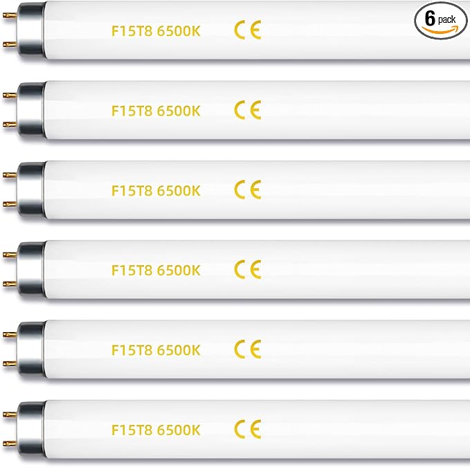 6 Pack F15T8 18 Inch 15W T8 Fluorescent Replacement Tube Bulb Daylight 6500K Medium Bi-Pin G13 Base 6 Count