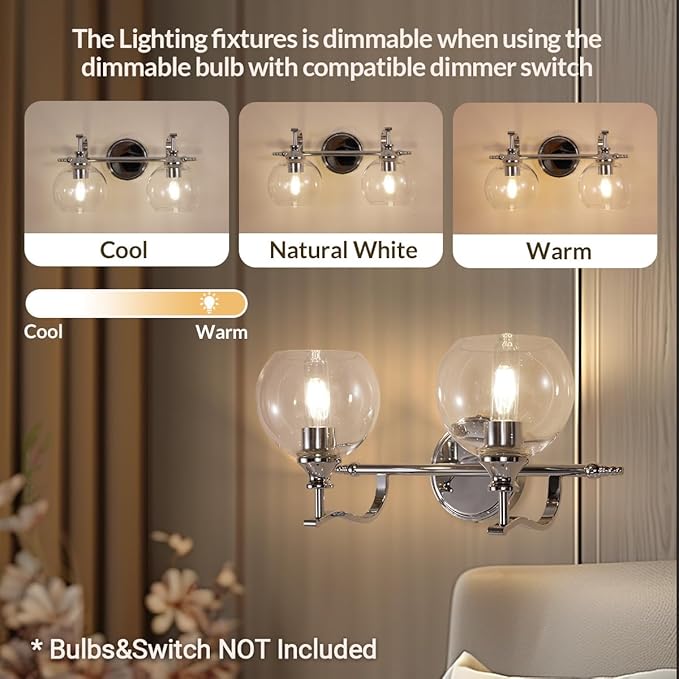 ANDY STAR Chrome Bathroom Light Fixture, 2-Light Modern Vanity Lights, Modern Wall Sconce with Clear Globe Glass Shades, Industrial Wall Lamp with Curved Arm for Bathroom, Powder Room, Over a Mirror