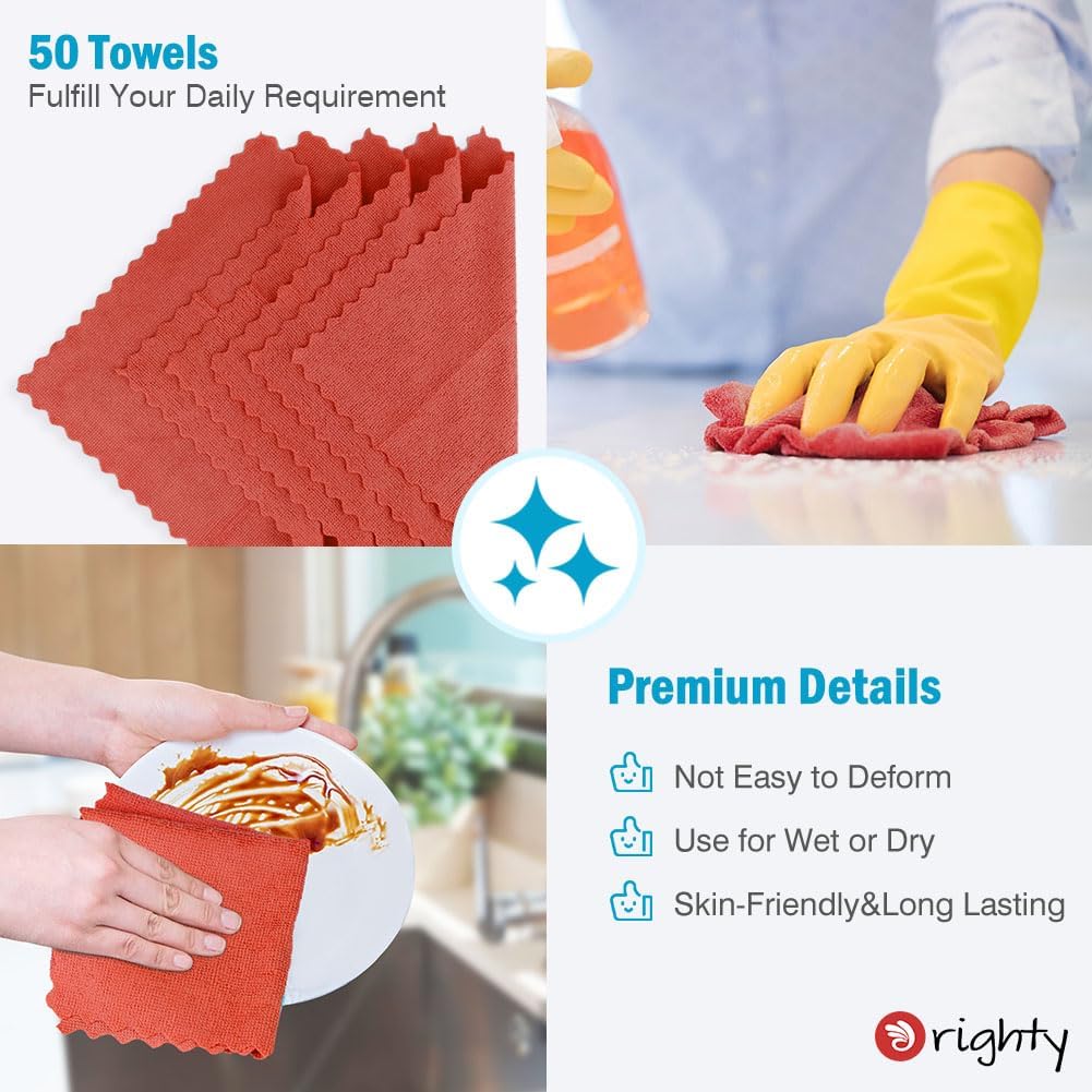 Orighty Cleaning Cloths, Shop Towels 50 Pack, Shop Rags Reusable, Microfiber Cleaning Rags Bulk for Cars, Multi-Purpose Lint Free Towels for Automotive, Mechanic, Kitchen, 11.5’’ x 11.5’’, Red