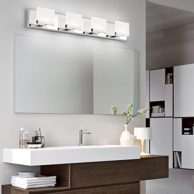 SineRise LED Modern Bathroom Vanity Light Fixtures (4-Light, 30-Inch, 5CCT), Chrome Modern Acrylic Bathroom Wall Lighting Fixtures Over Mirror (3000K/3500K/4000K/5000K/6000K)