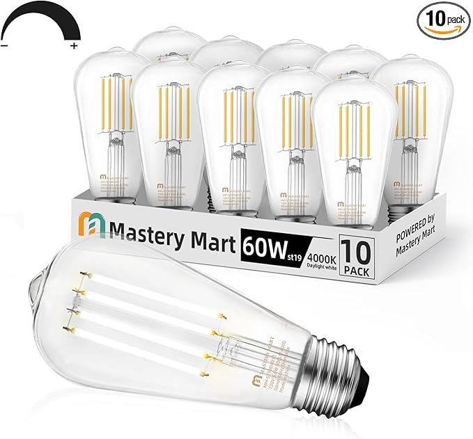 MASTERY MART 10 Pack Vintage Edison Bulbs, E26 Led Bulb 5.5W Equivalent to 60W, Dimmable, 4000K Cool White, High Brightness Antique ST19, Clear Glass