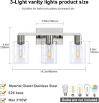 3-Light Vanity Lights,Brushed Nickel Vanity Light,with Clear Glass Shade for Bathroom Light Fixtures, Bathroom Light Fixtures Over Mirror