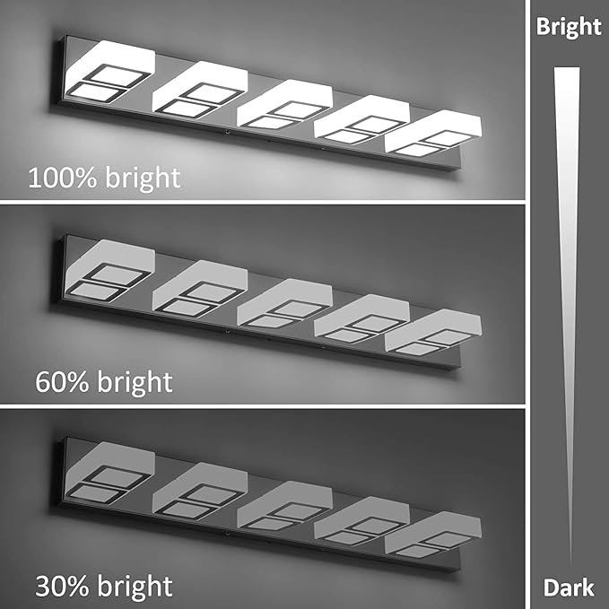 Ralbay Dimmable Chrome Bathroom Light Fixtures 5 Lights Modern LED Vanity Light Fixtures Acrylic Stainless Steel Chrome Bathroom Vanity Wall Lighting Over Mirror