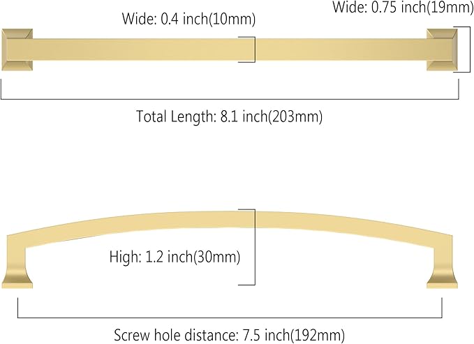 Asidrama 10 Pack 7.5 Inch(192mm) Hole Centers Kitchen Cabinet Handles, Brushed Gold Cabinet Pulls Kitchen Cabinet Hardware for Cupboard Drawer Pulls