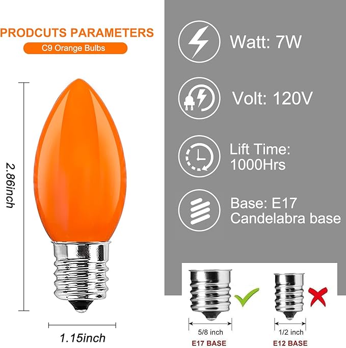 GOOTHY 25 Pack C9 Orange Halloween Replacement Light Bulb, C9 Orange Christmas Lights Bulbs for Halloween Outdoor Patio String Lights, E17 Intermediate Base Night Light Bulbs, 7 Watt, 120 Volt